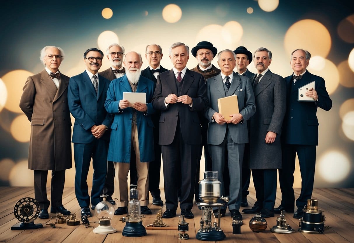 En gruppe berømte opfindere fra historien står sammen omgivet af deres banebrydende opfindelser