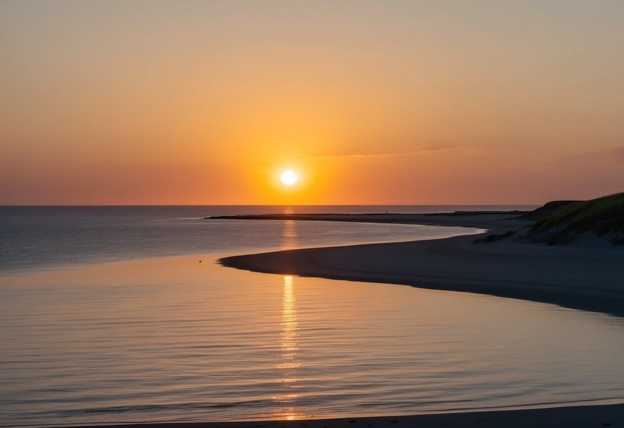 Solen går ned over det rolige vand i Nordsøen og kaster en varm gylden glød over de sandede strande og klitter langs Danmarks vestkyst