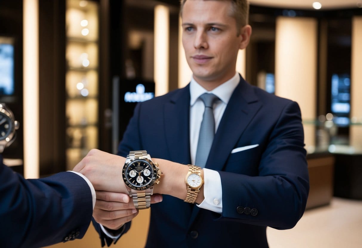 En person holder et Rolex Daytona ur og spørger Hvad koster et Rolex Daytona ur i en luksuriøs urmagerbutik